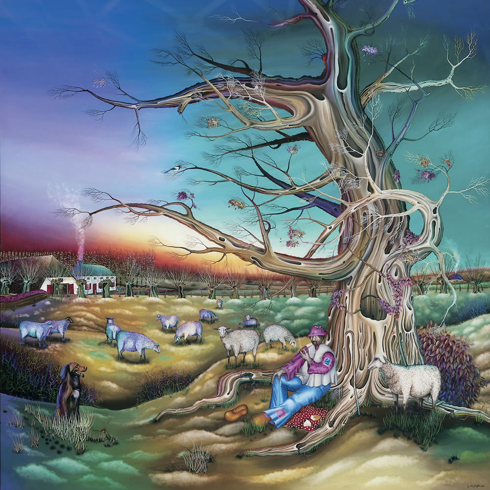 Herfst – Zonsondergang, Olie op glas, 116x116 cm