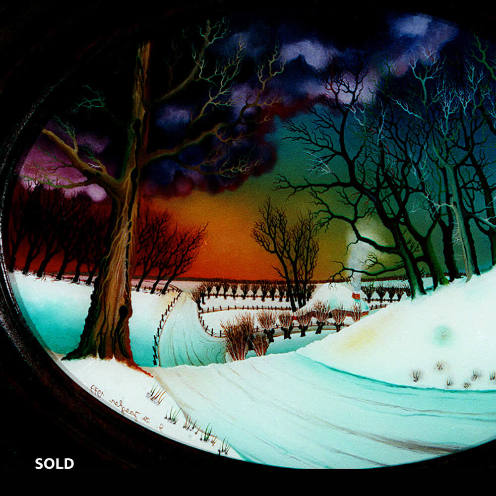 Ovalen Winterlandschap,  Olie op glas, 15x20 cm 