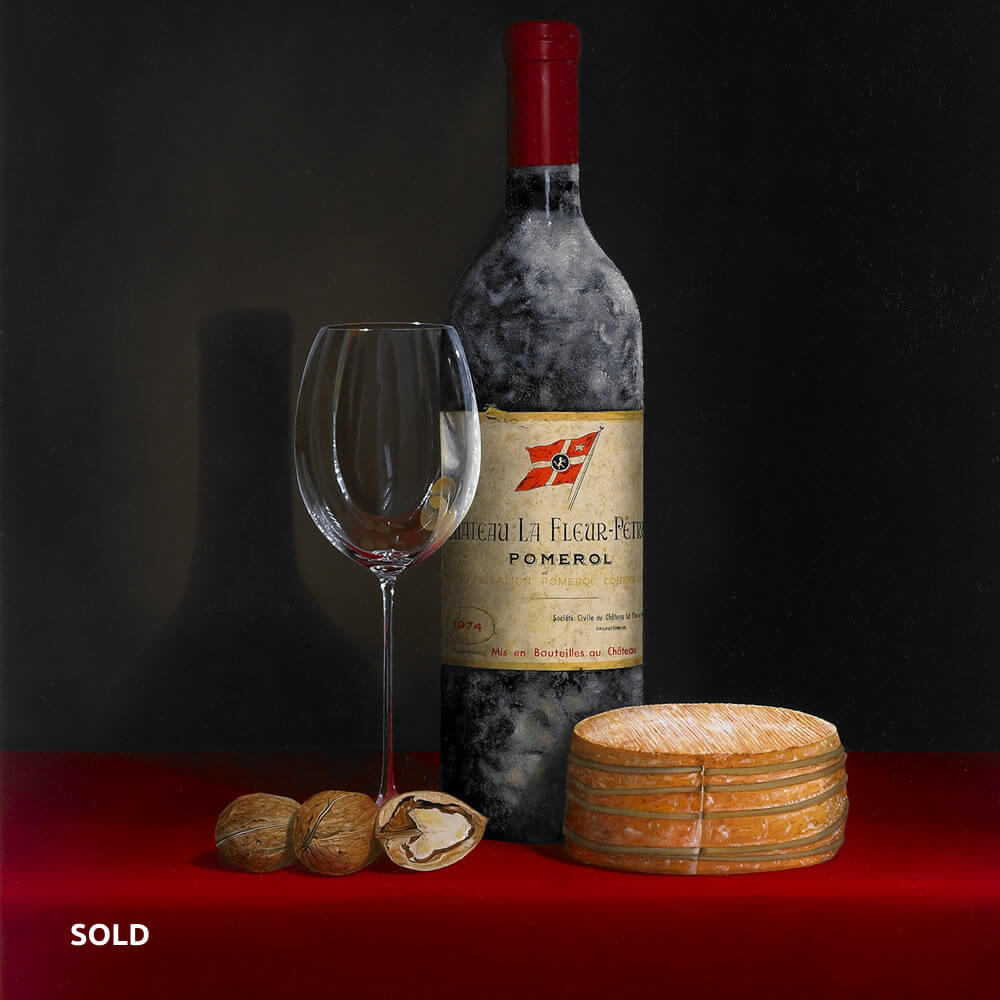 Château La Fleur-Pétrus 1974, a shiny Wine Glass, a French ‘Livarot’ Cheese and Walnuts, Oil on panel, 80x60 cm