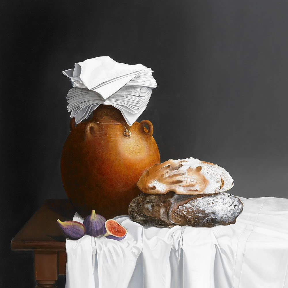 An Earthenware jug, Bread and Figs, Oil on panel, 110x90 cm