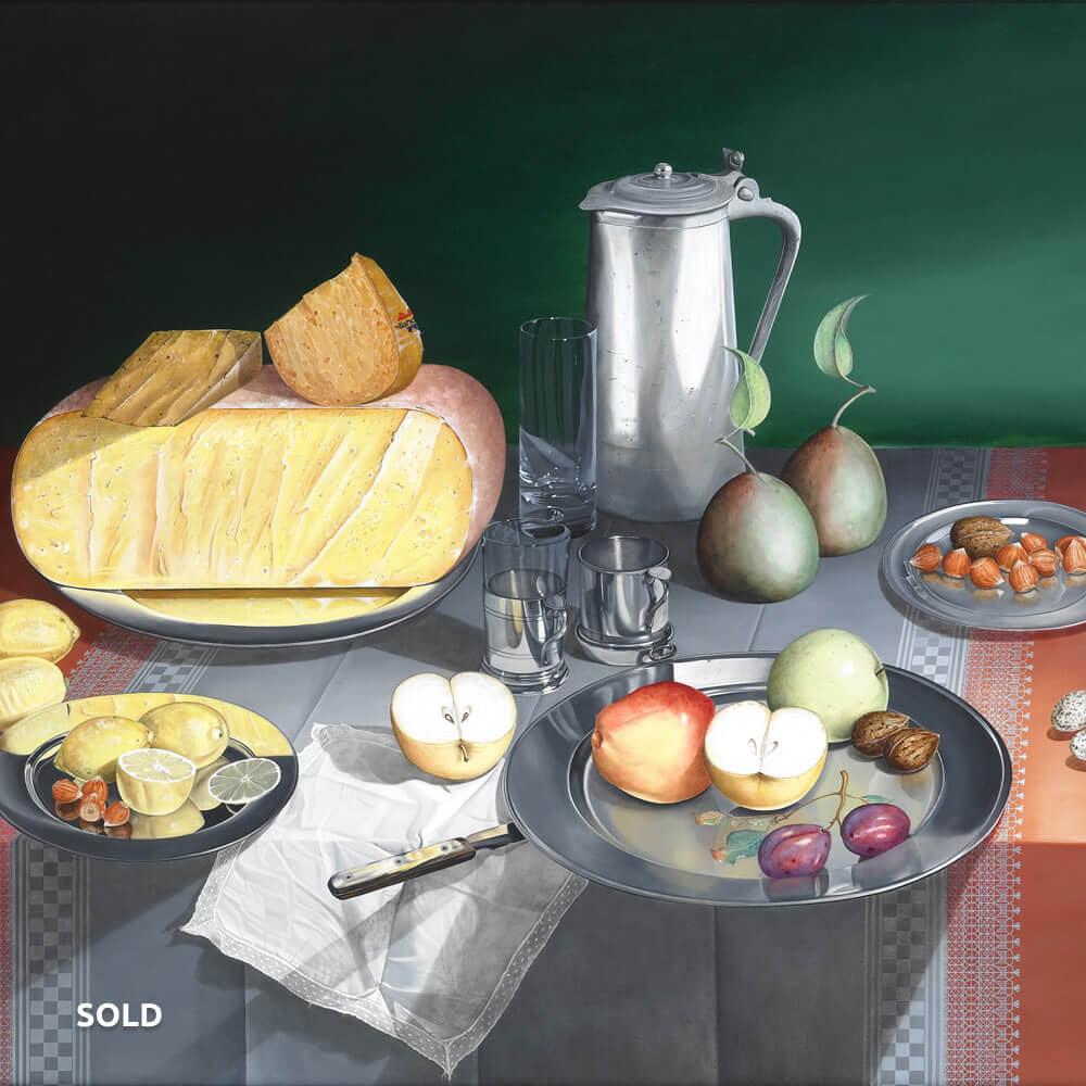 Stilleven met Kazen en Fruit, Olie op paneel, 80x100 cm