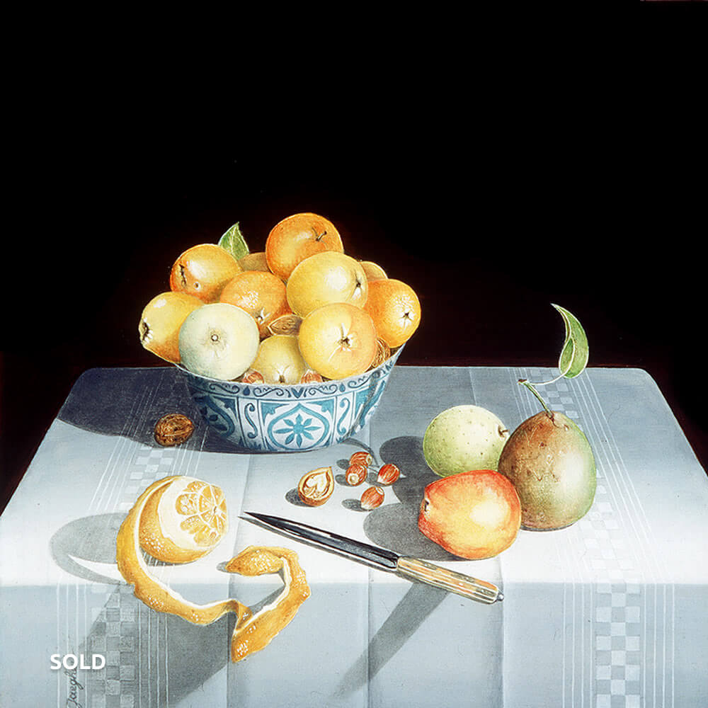 Stille Life with a Peeled Orange and Fruit in a China-ware Bowl, Oil on panel, 14x13 cm
