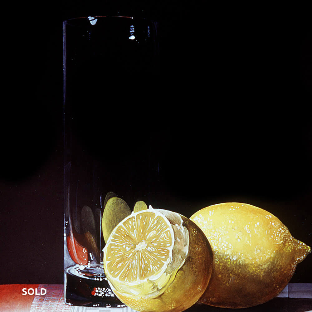 Twee Californische Citroenen naast een Fragiel Glas,  Olie op paneel, 25x20 cm