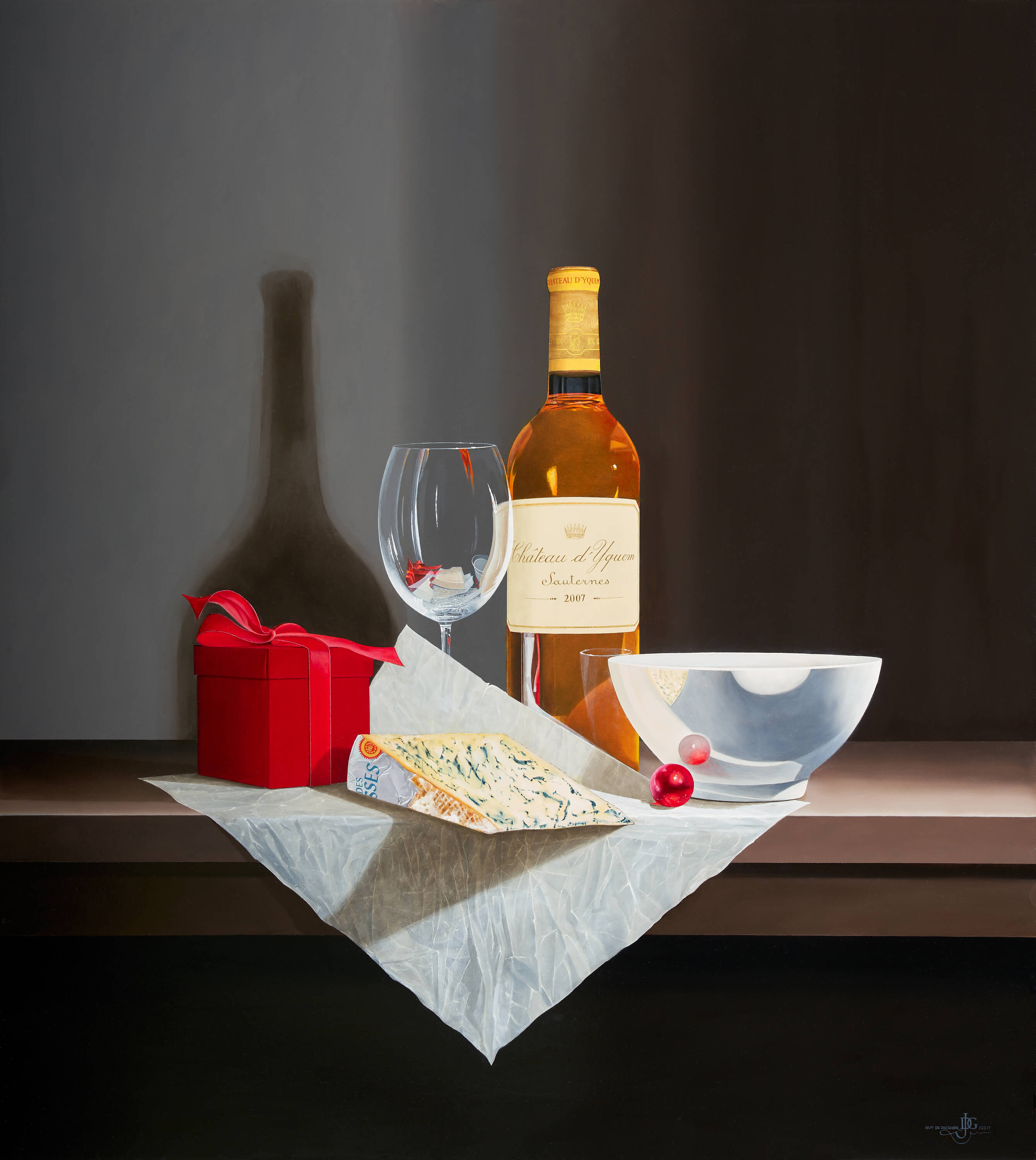 Château d’YQUEM - Sauternes 2007, met Rood Cadeaubox en een Franse Bleu des Causses